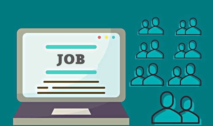 Ilustracija laptopa sa natpisom "JOB" na ekranu i grupama ljudi sa strane, simbolizujući prijave za posao.