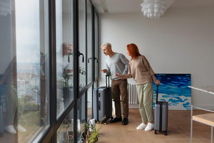 Dvoje ljudi gledaju kroz prozor iz apartmana u zgradi