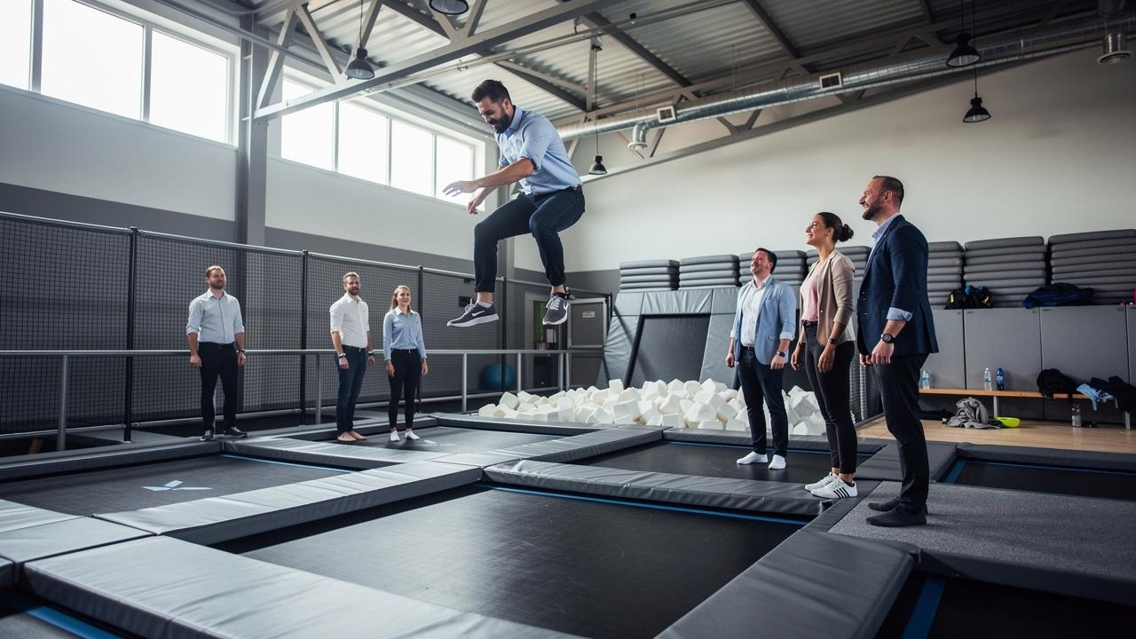 Muškarac u poslovnoj odeći skače na trampolinu dok kolege stoje i posmatraju
