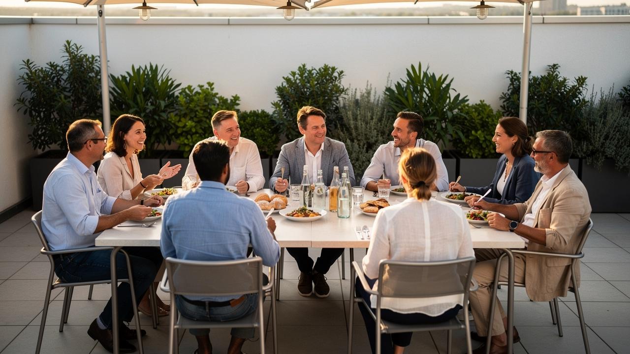 Grupa poslovnih ljudi sedi za stolom i ruča na terasi