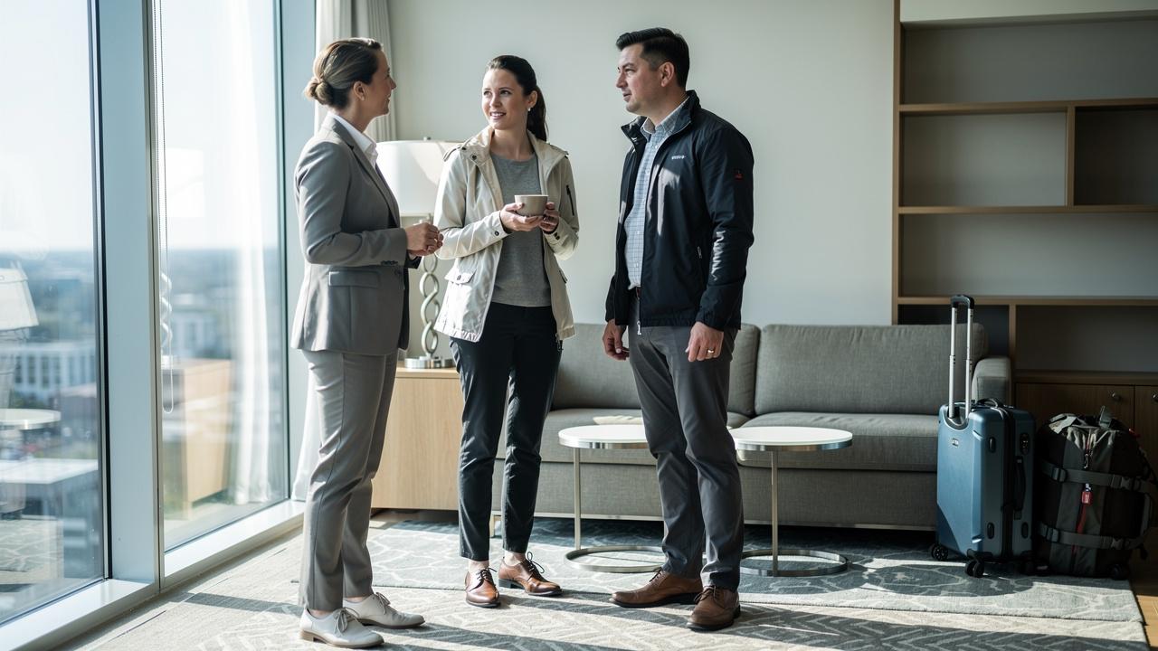 Dva putnika razgovaraju sa ženom u odelu u hotelskom apartmanu pored kofera