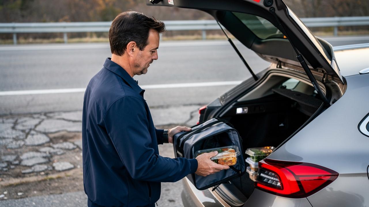 Muškarac stavlja plastične kutije sa hranom u otvoreni gepek automobila