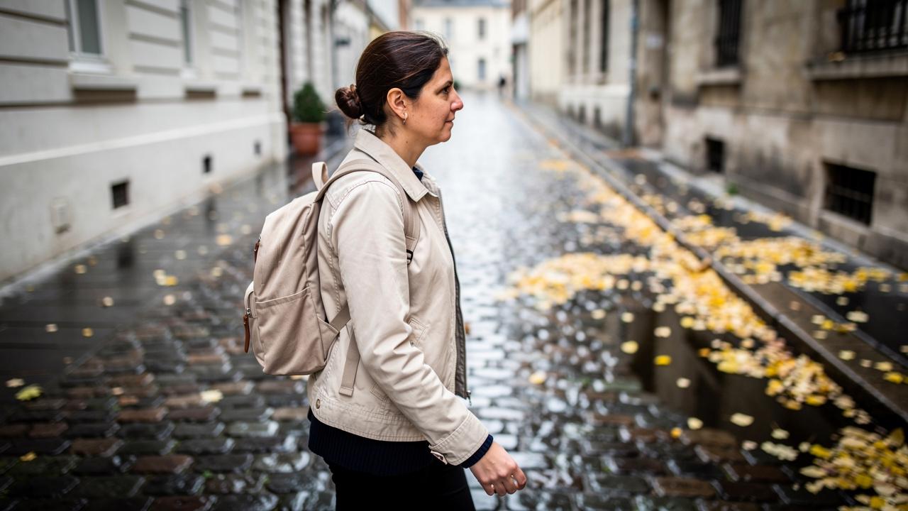 Žena sa bež ruksakom šeta mokrom kaldrmom pored ulice posute žutim lišćem