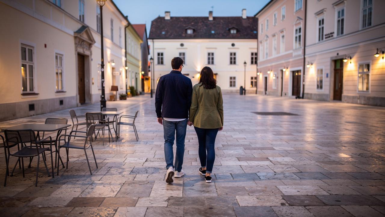 Par držeći se za ruke šeta pustom kaldrmom gradskog trga u sumrak